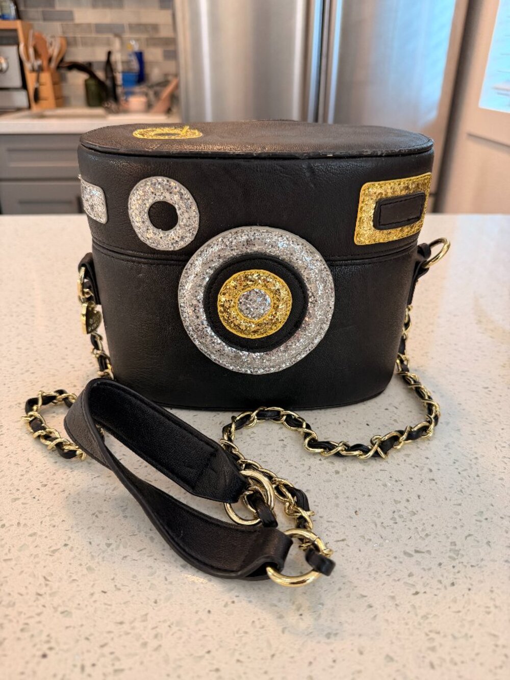 Betsey Johnson Black glitter lens camera crossbody